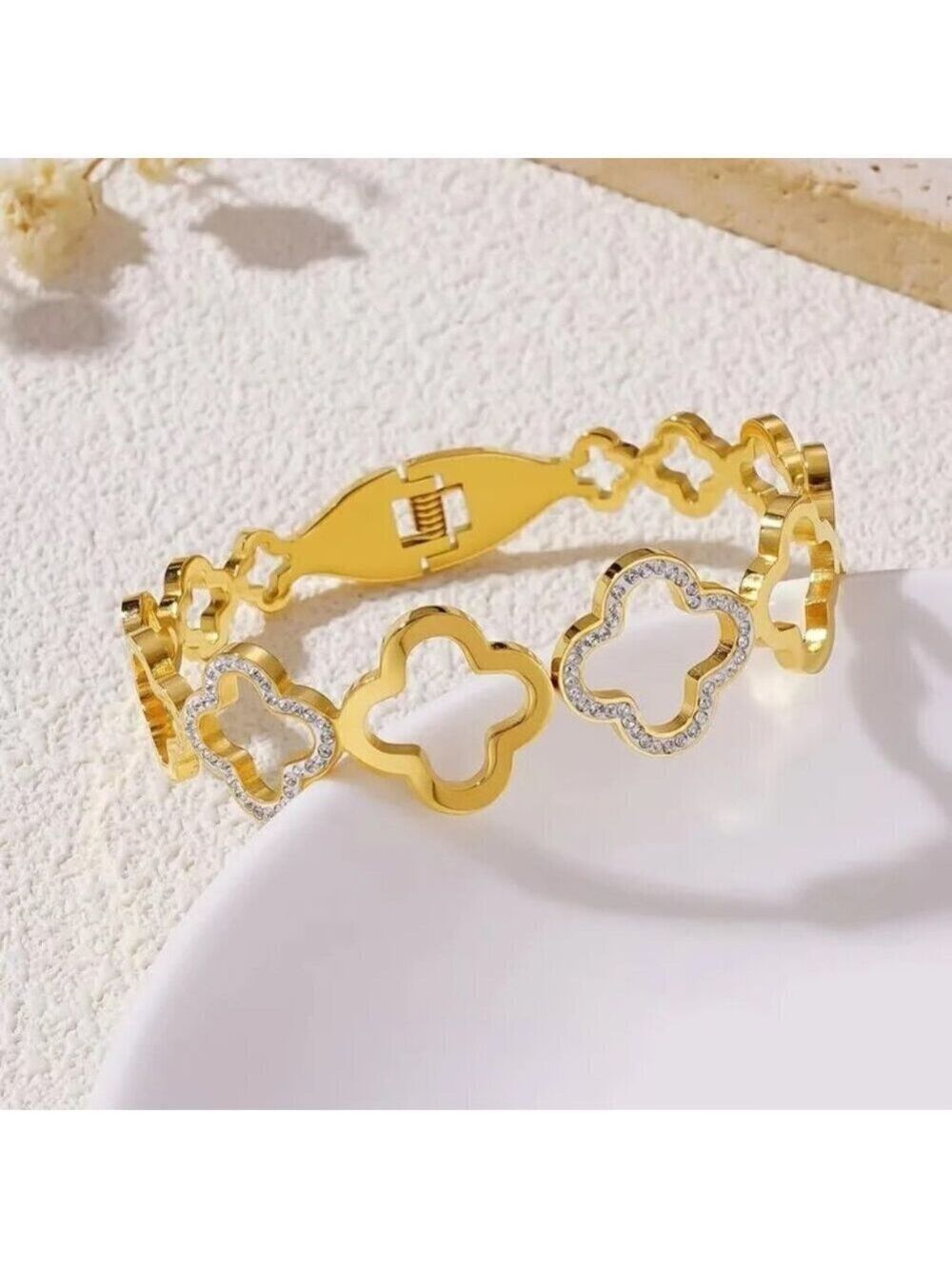 18k Gold Plated Stainless Steel Hollow Clover, Pave Set Zircon